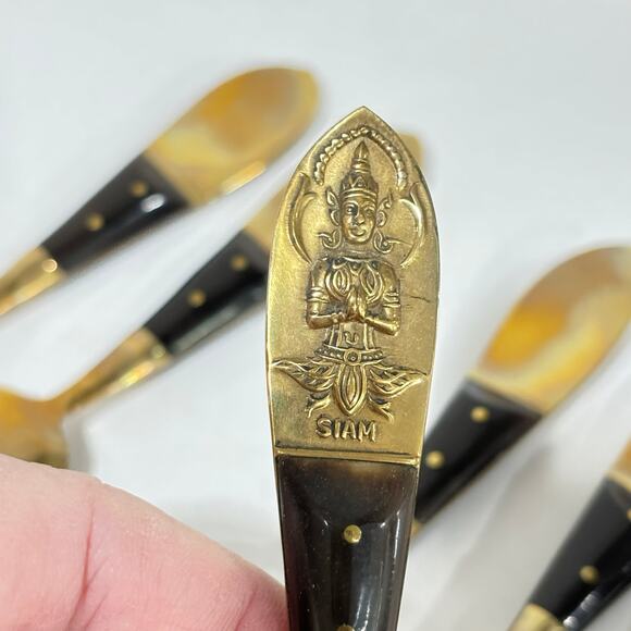 Thailand brass & teak spoons set cocktail espresso tea demitasse boxed set of 6 - Picture 7 of 9